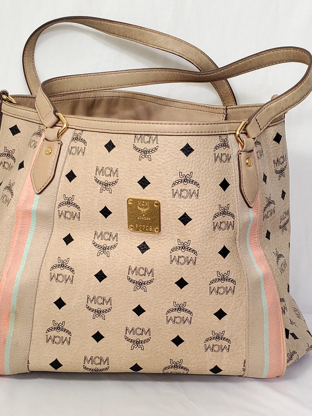 MCM Beige Logo Canvas Tote with Pastel Stripe Accents
